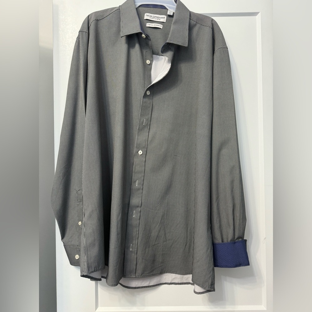 Nick Graham Men's Button-Up Dress Shirt Flip Cuffs Stretch Black Blue Neck 18